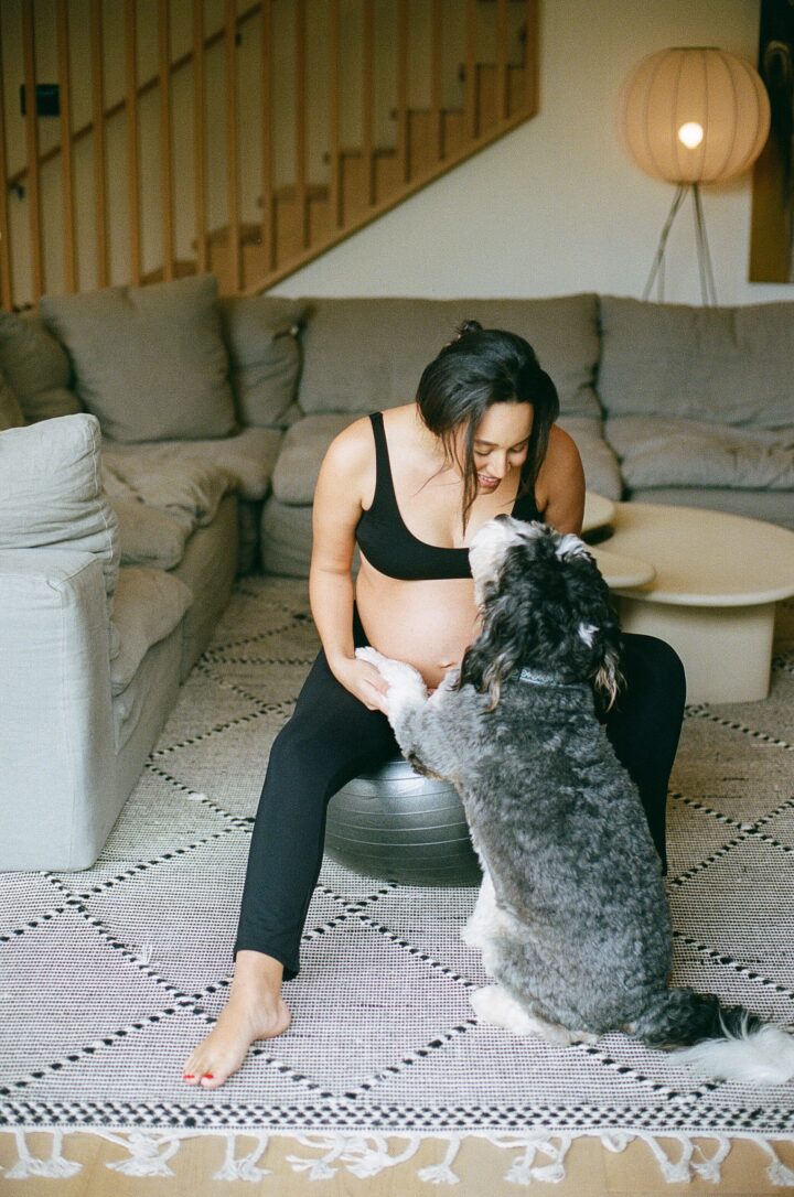pregnant woman with dog on exercise ball