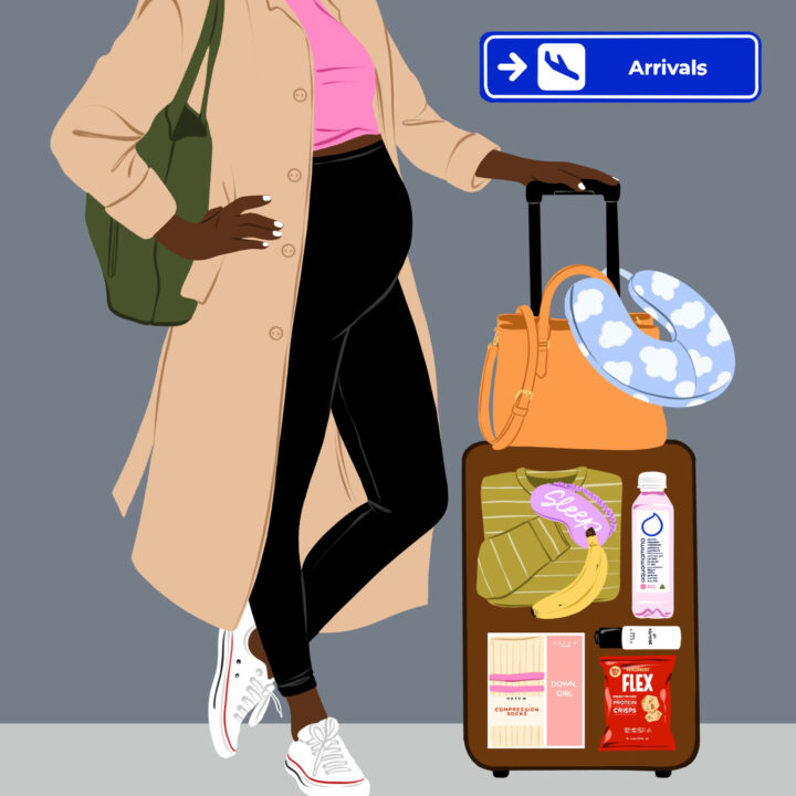 Illustration of pregnant woman travellng with rolling suitcase.