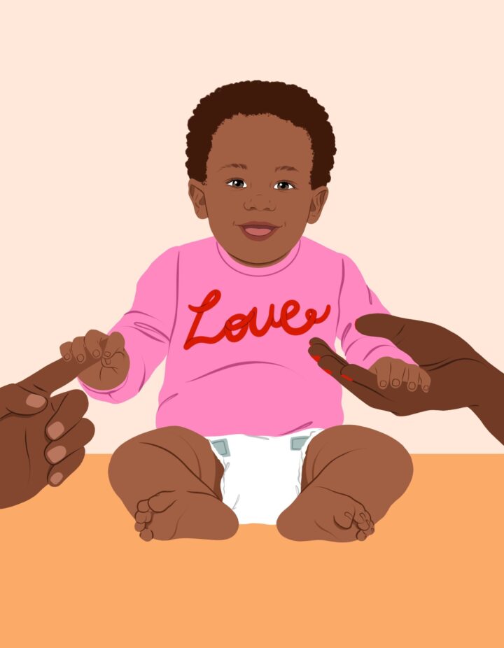 Illustration of baby wearing a shirt that says LOVE
